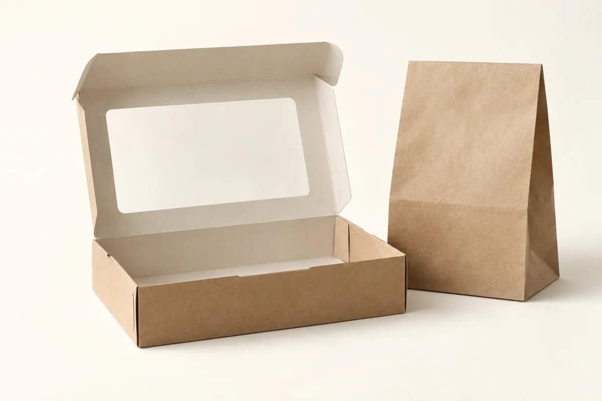 A windowed bakery box with the lid open, beside a kraft bakery bag.