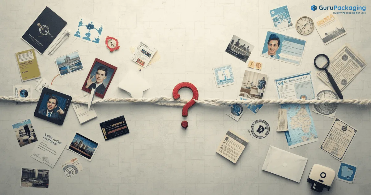 A flat-lay of documents, certificates, a magnifying glass and a red question mark on a grid background.