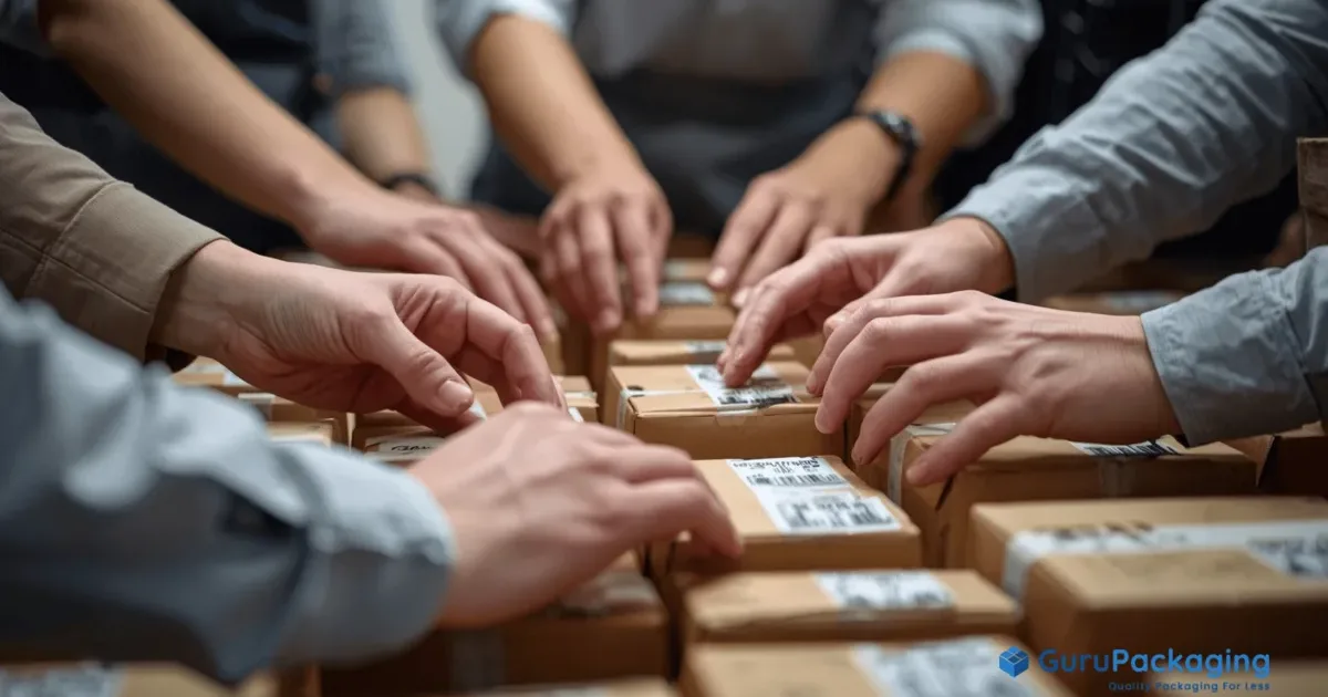 Several hands assembling small packaging boxes on a table.