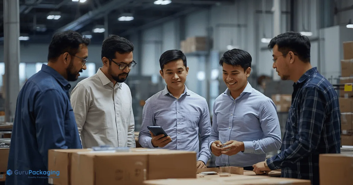 A group of people reviewing packaging on a warehouse floor.