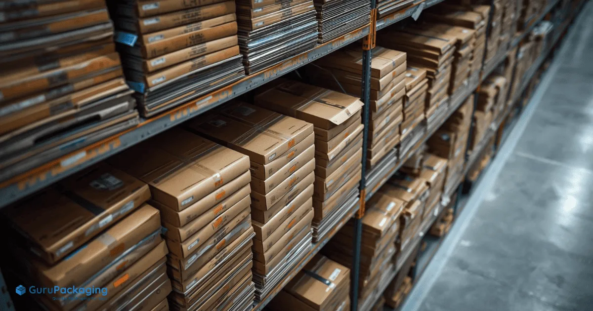 Warehouse shelving stacked with cardboard boxes.