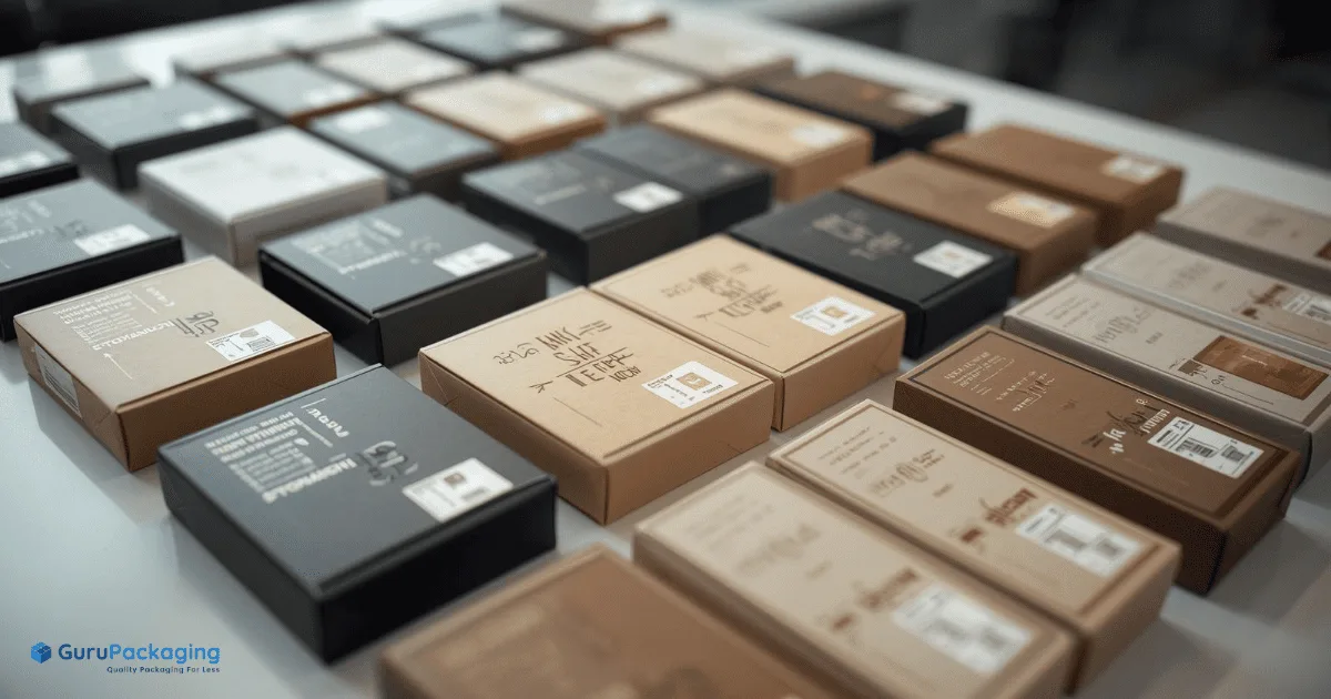 Rows of matching branded packaging boxes.