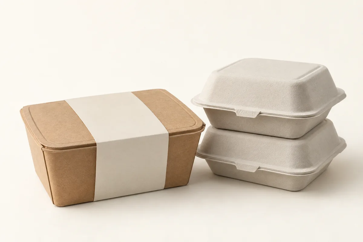 A kraft food container with a paper sleeve and a stacked clamshell.