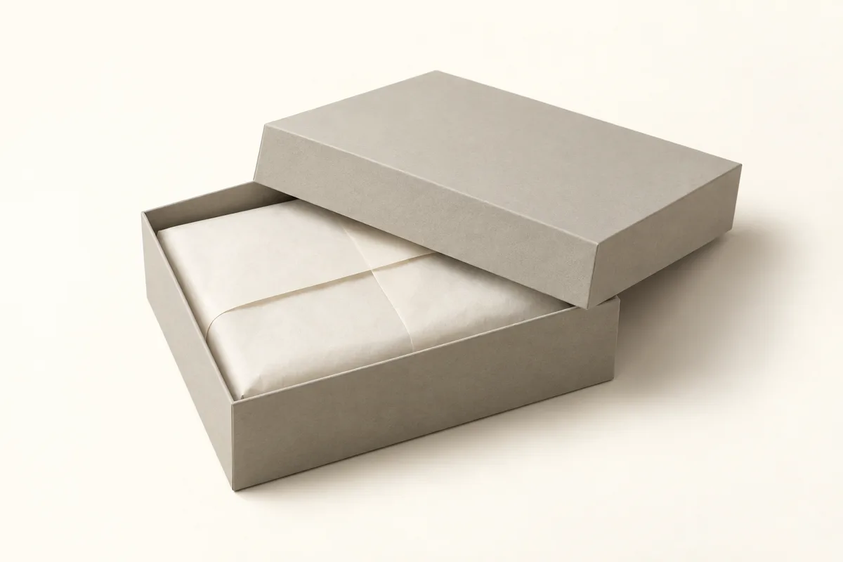 A stone gray rigid gift box with the lid ajar and cream tissue inside.