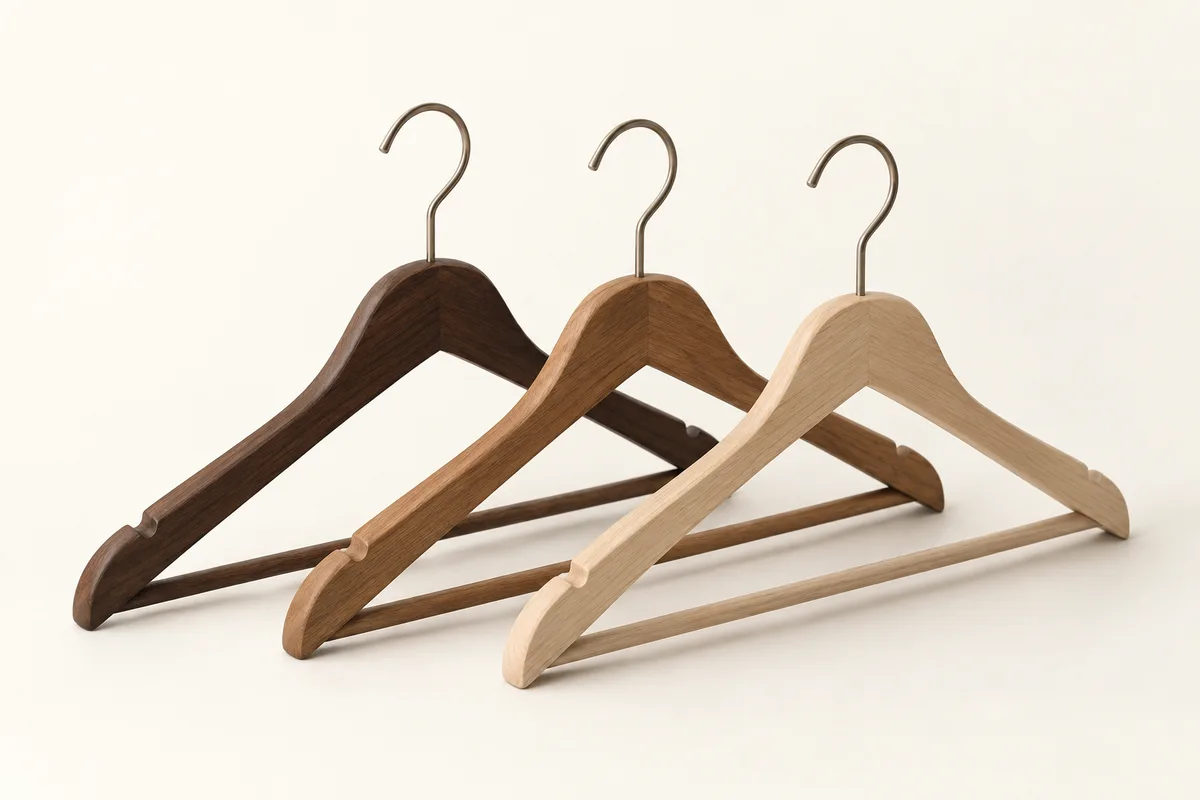 Three wooden clothing hangers in dark, mid and light wood.